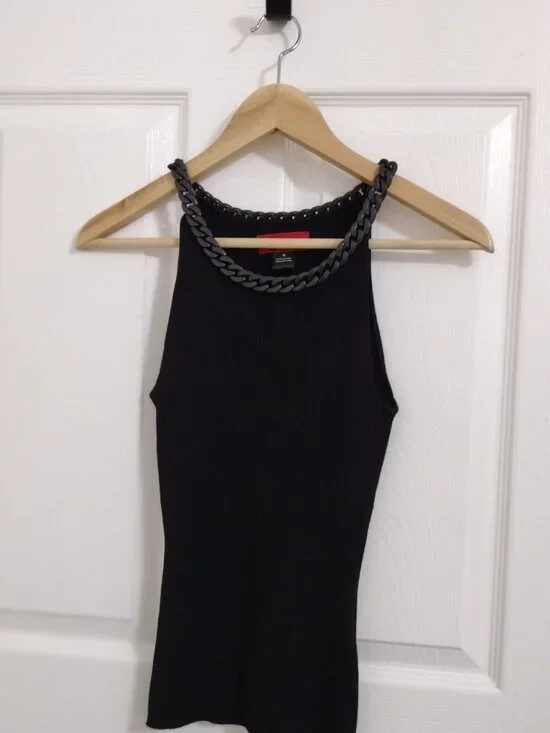 Carina Black Chain Strap Halter Tank Top Stretch Knit Size Medium Sleek Minimali - Picture 1 of 7